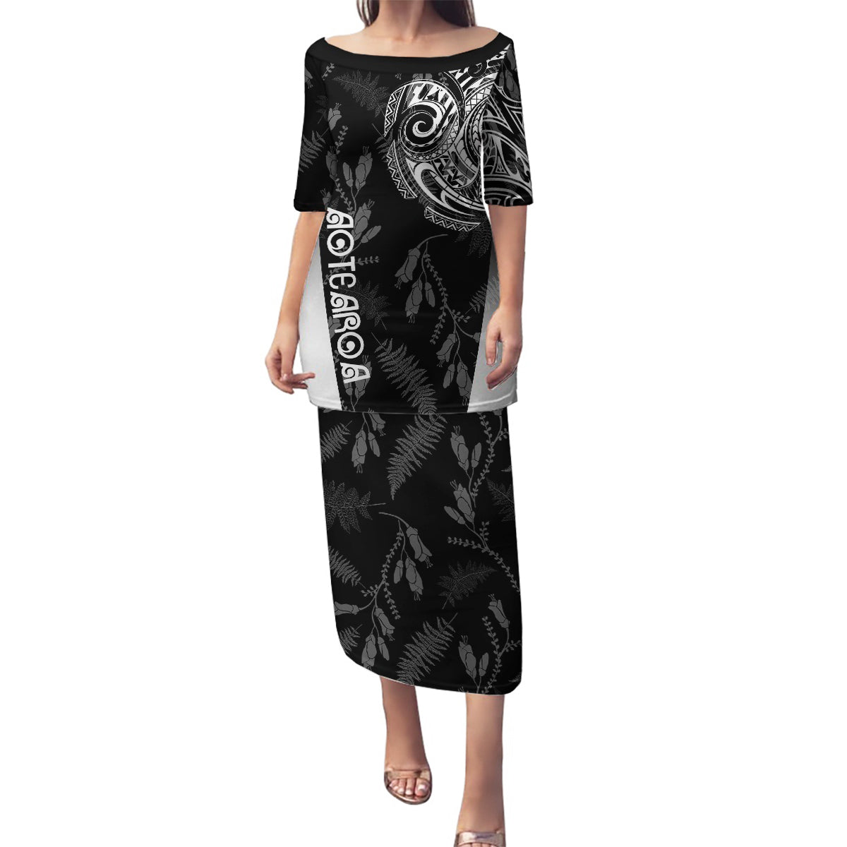 Personalised Maori Waitangi Family Matching Puletasi Dress and Hawaiian Shirt New Zealand Silver Fern Mix Kowhai Flowers LT7 Mom's Dress Black - Polynesian Pride