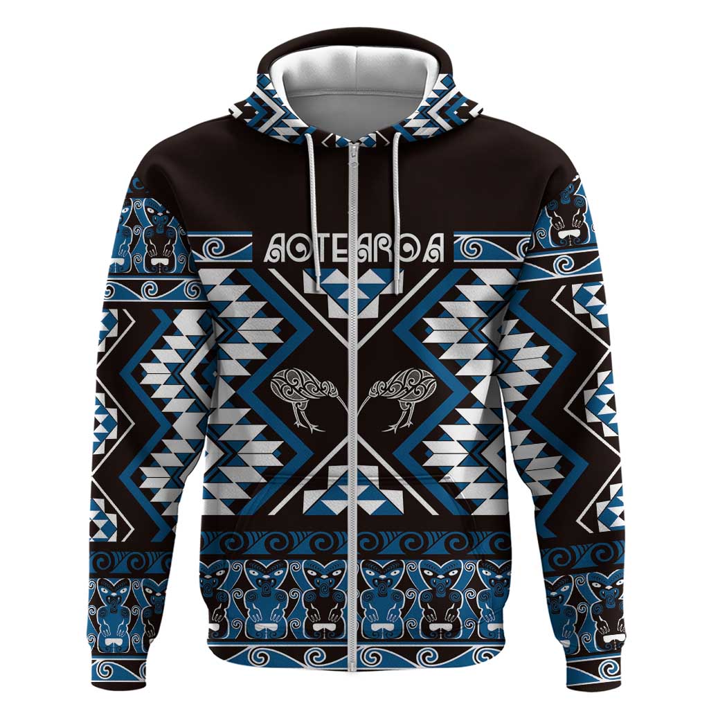 Personalised Taniko Motifs Aotearoa Hoodie Waitangi Kowhaiwhai Kiwi - Blue