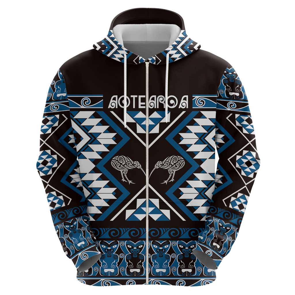 Personalised Taniko Motifs Aotearoa Hoodie Waitangi Kowhaiwhai Kiwi - Blue
