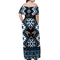 Personalised Taniko Motifs Aotearoa Off Shoulder Maxi Dress Waitangi Kowhaiwhai Kiwi - Blue
