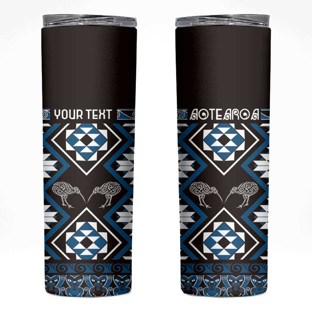 Personalised Taniko Motifs Aotearoa Skinny Tumbler Waitangi Kowhaiwhai Kiwi - Blue LT7 Blue - Polynesian Pride