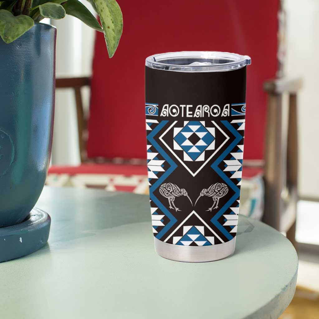 Personalised Taniko Motifs Aotearoa Tumbler Cup Waitangi Kowhaiwhai Kiwi - Blue