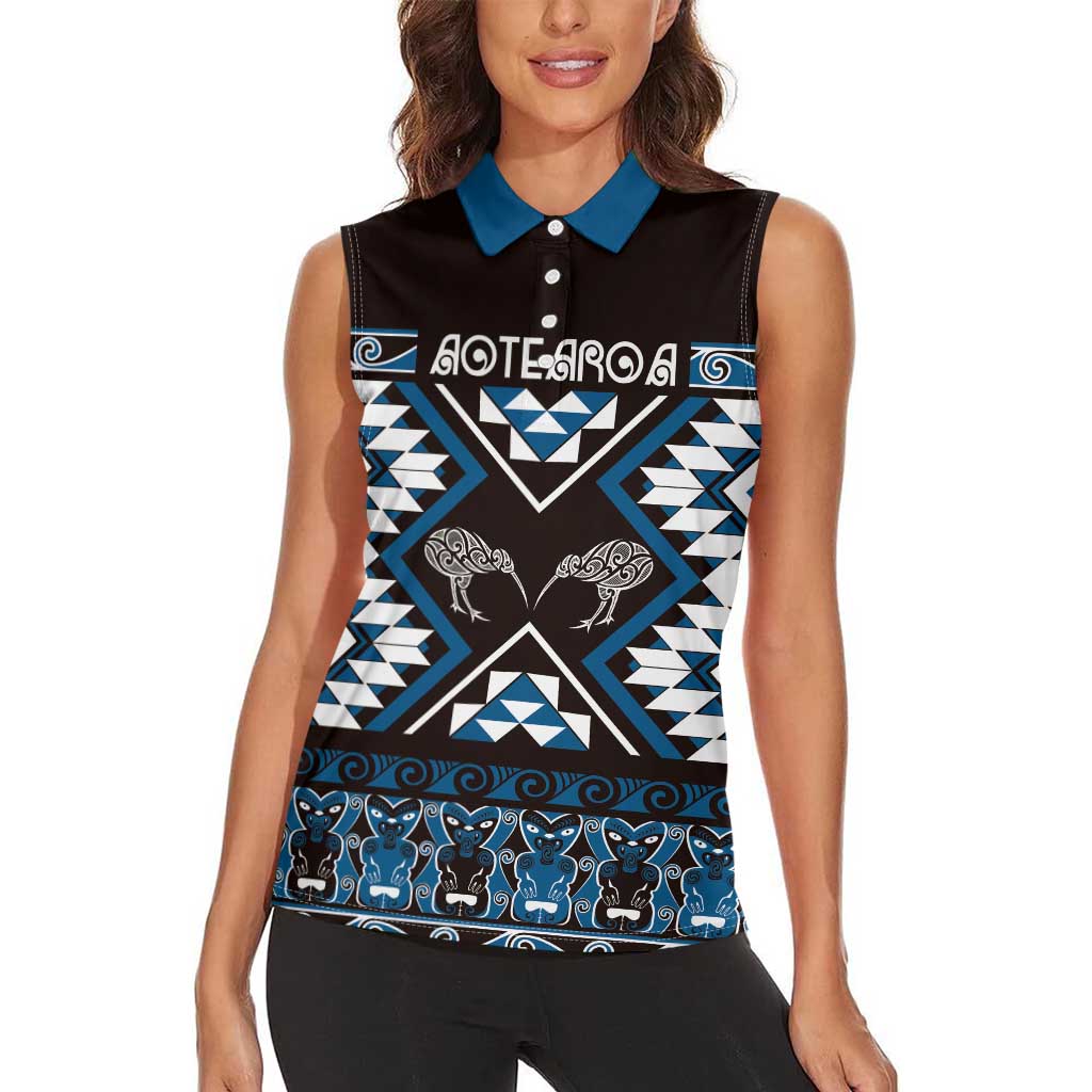 Personalised Taniko Motifs Aotearoa Women Sleeveless Polo Shirt Waitangi Kowhaiwhai Kiwi - Blue