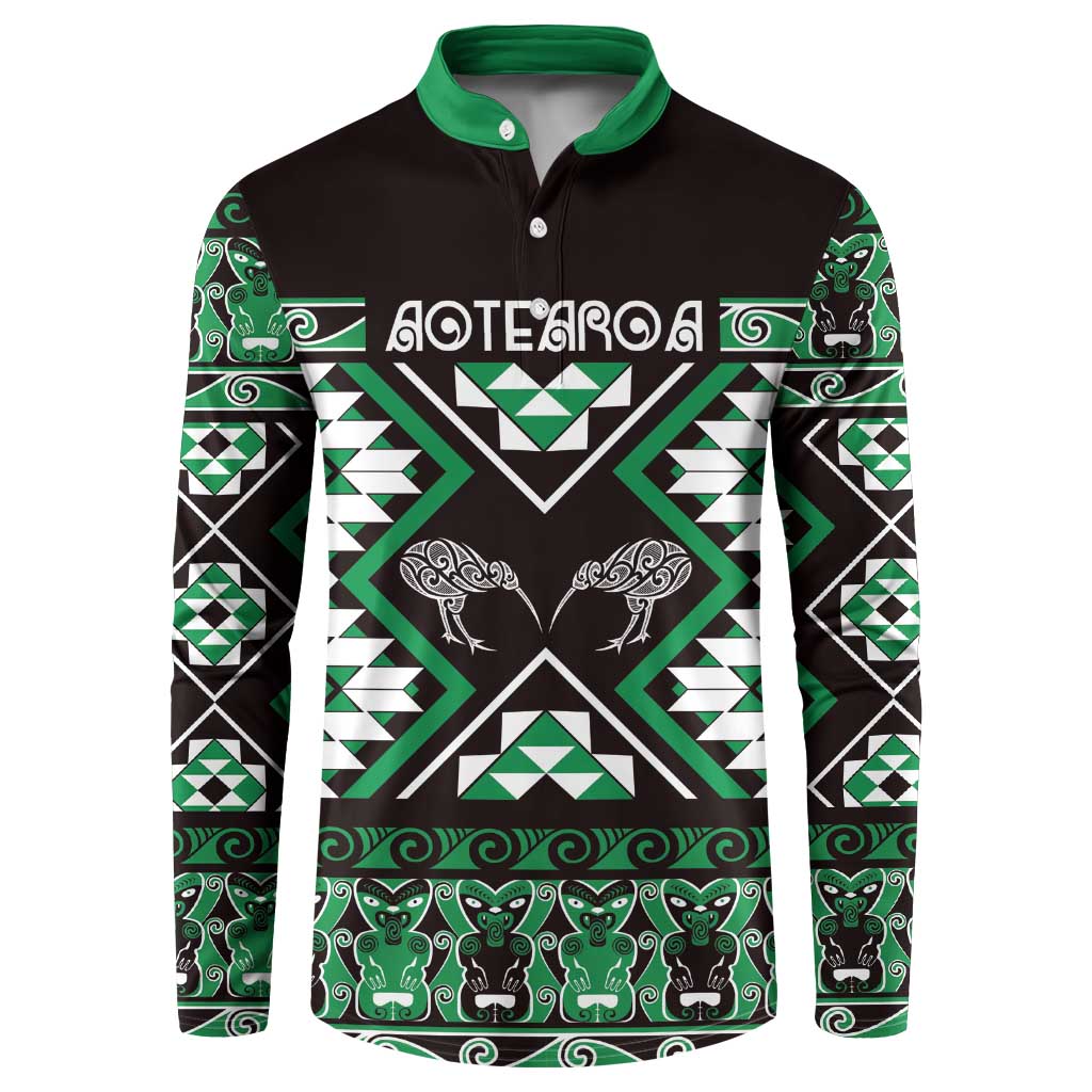 Personalised Taniko Motifs Aotearoa Button Sweatshirt Waitangi Kowhaiwhai Kiwi - Green