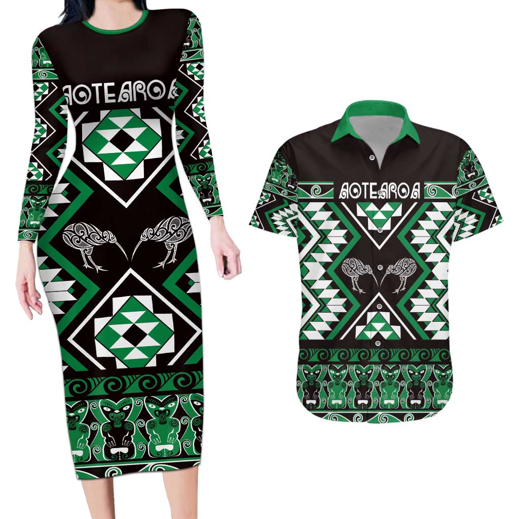 Personalised Taniko Motifs Aotearoa Couples Matching Long Sleeve Bodycon Dress and Hawaiian Shirt Waitangi Kowhaiwhai Kiwi - Green LT7 Green - Polynesian Pride