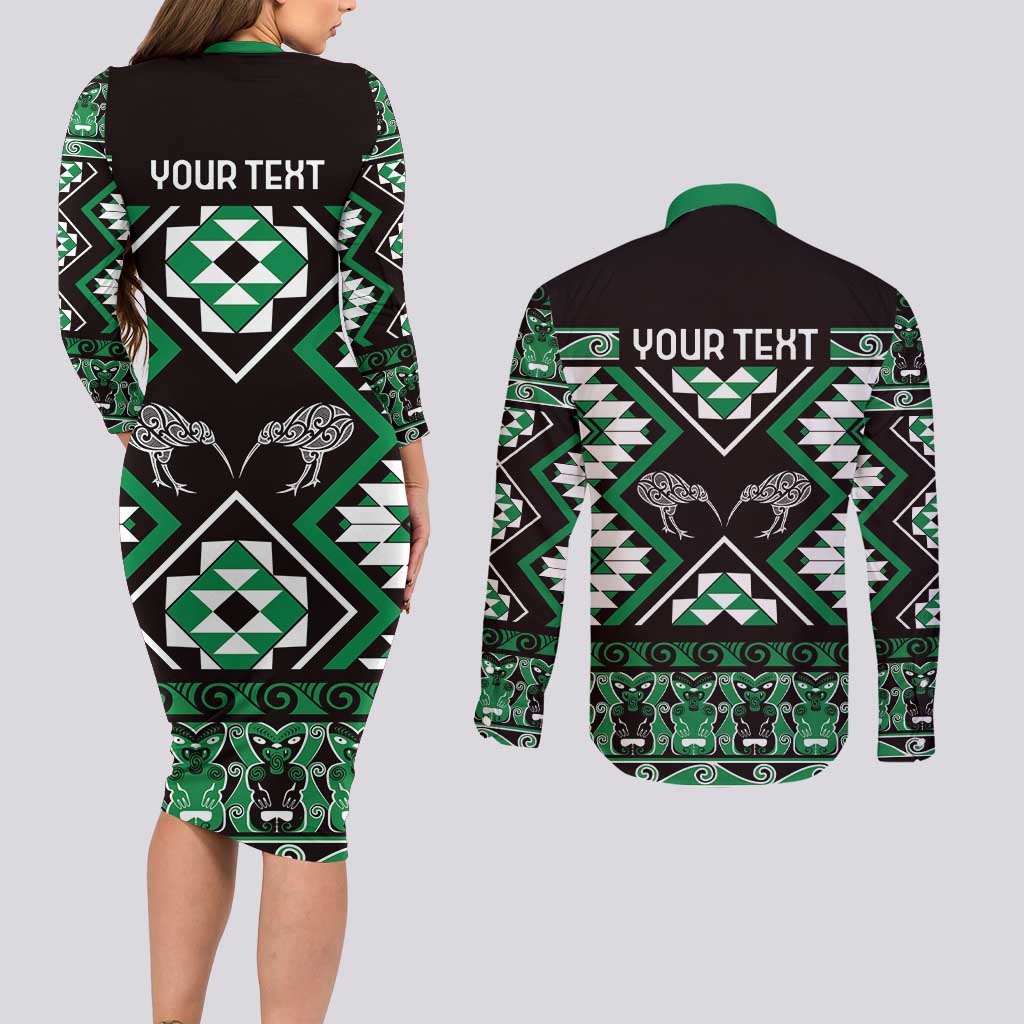 Personalised Taniko Motifs Aotearoa Couples Matching Long Sleeve Bodycon Dress and Long Sleeve Button Shirt Waitangi Kowhaiwhai Kiwi - Green