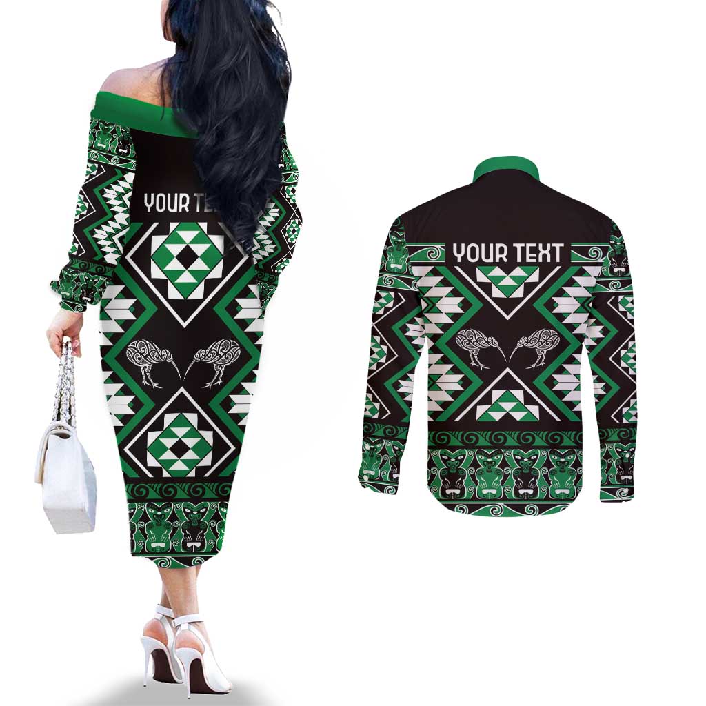 Personalised Taniko Motifs Aotearoa Couples Matching Off The Shoulder Long Sleeve Dress and Long Sleeve Button Shirt Waitangi Kowhaiwhai Kiwi - Green