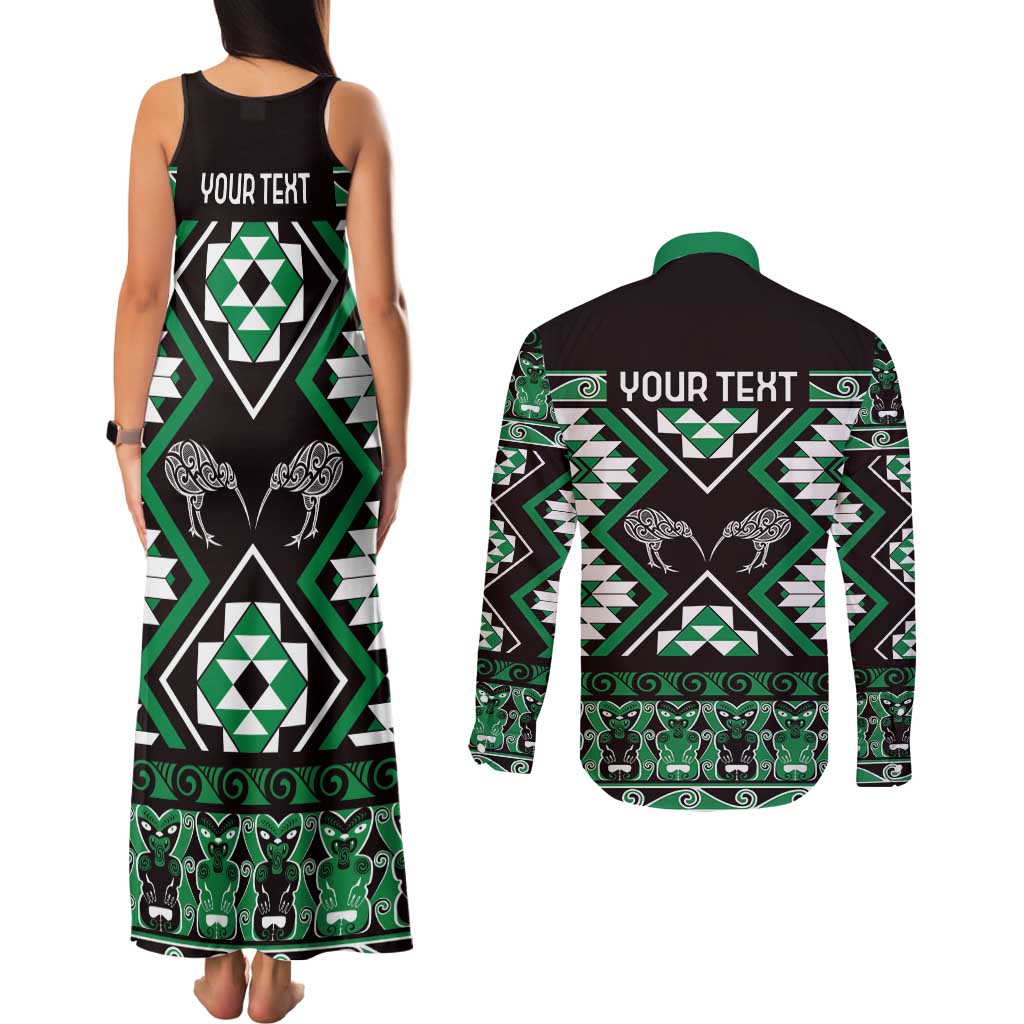 Personalised Taniko Motifs Aotearoa Couples Matching Tank Maxi Dress and Long Sleeve Button Shirt Waitangi Kowhaiwhai Kiwi - Green