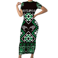 Personalised Taniko Motifs Aotearoa Family Matching Short Sleeve Bodycon Dress and Hawaiian Shirt Waitangi Kowhaiwhai Kiwi - Green