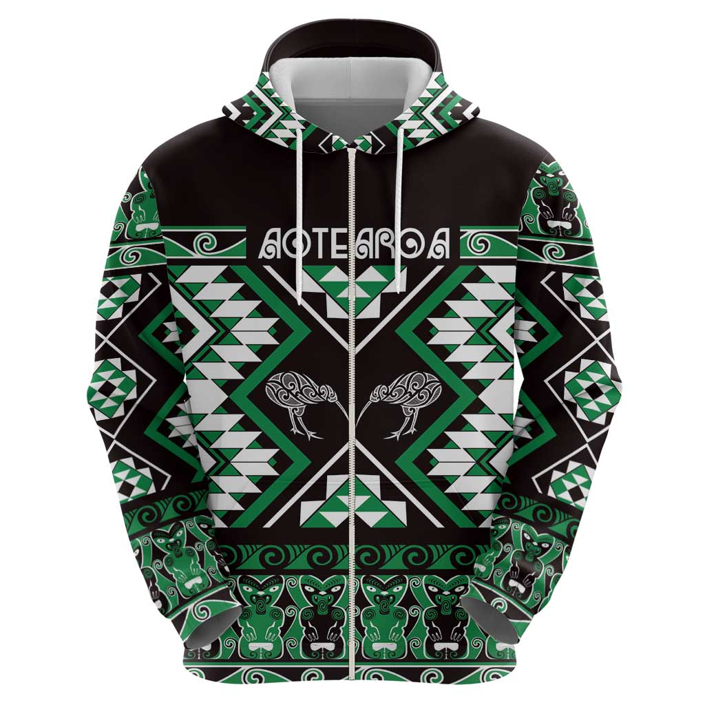 Personalised Taniko Motifs Aotearoa Hoodie Waitangi Kowhaiwhai Kiwi - Green