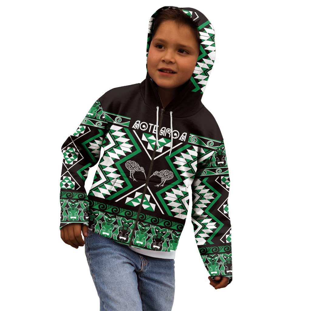 Personalised Taniko Motifs Aotearoa Kid Hoodie Waitangi Kowhaiwhai Kiwi - Green