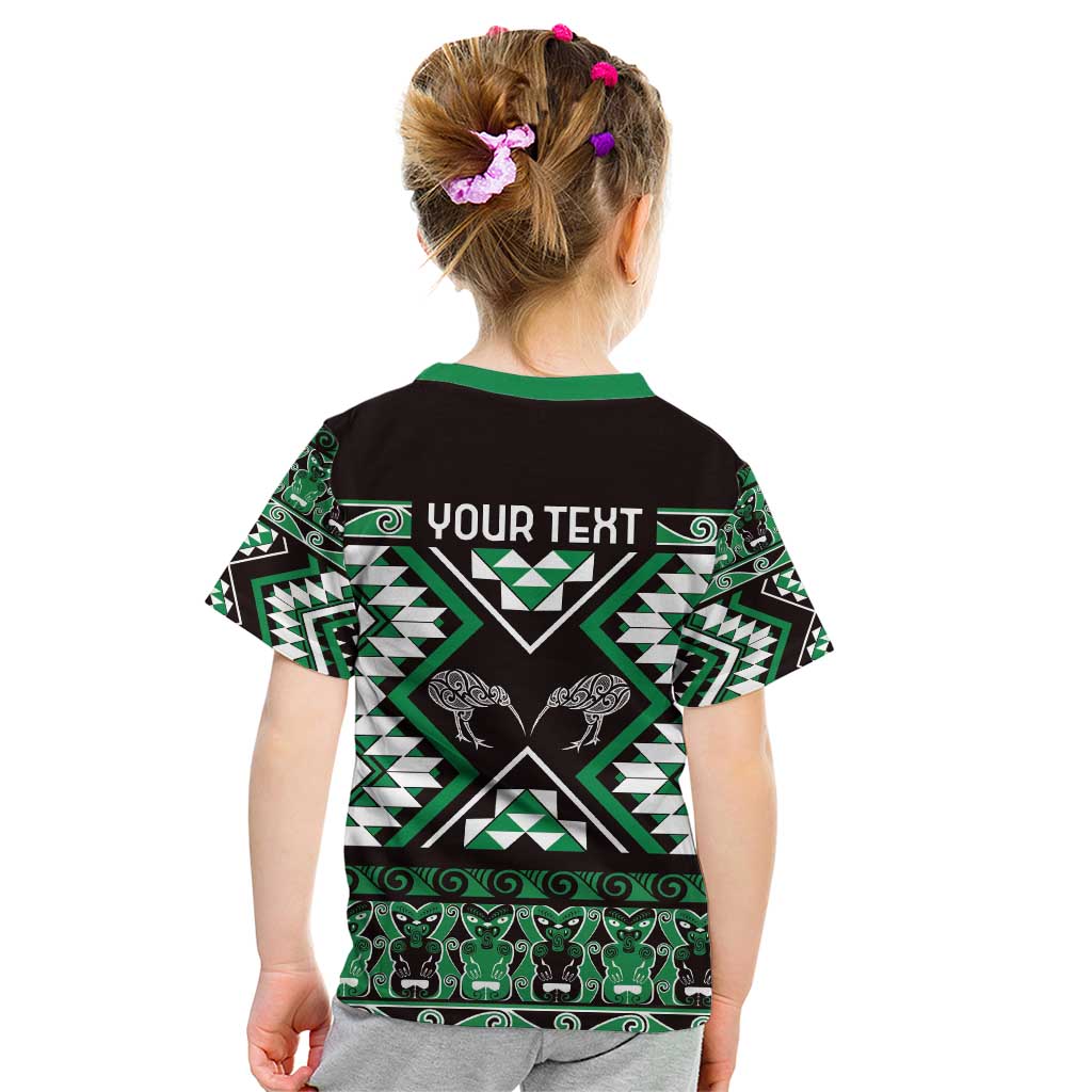 Personalised Taniko Motifs Aotearoa Kid T Shirt Waitangi Kowhaiwhai Kiwi - Green