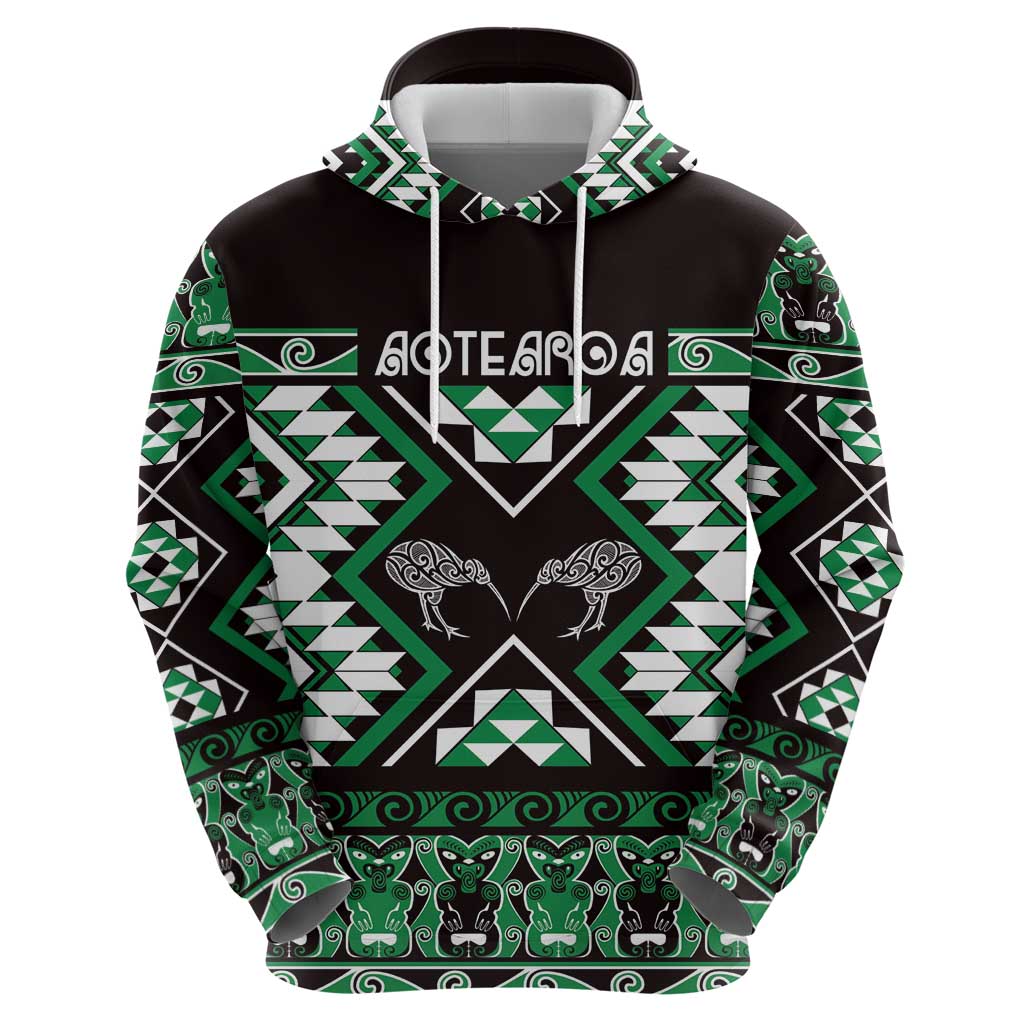 Personalised Taniko Motifs Aotearoa Zip Hoodie Waitangi Kowhaiwhai Kiwi - Green