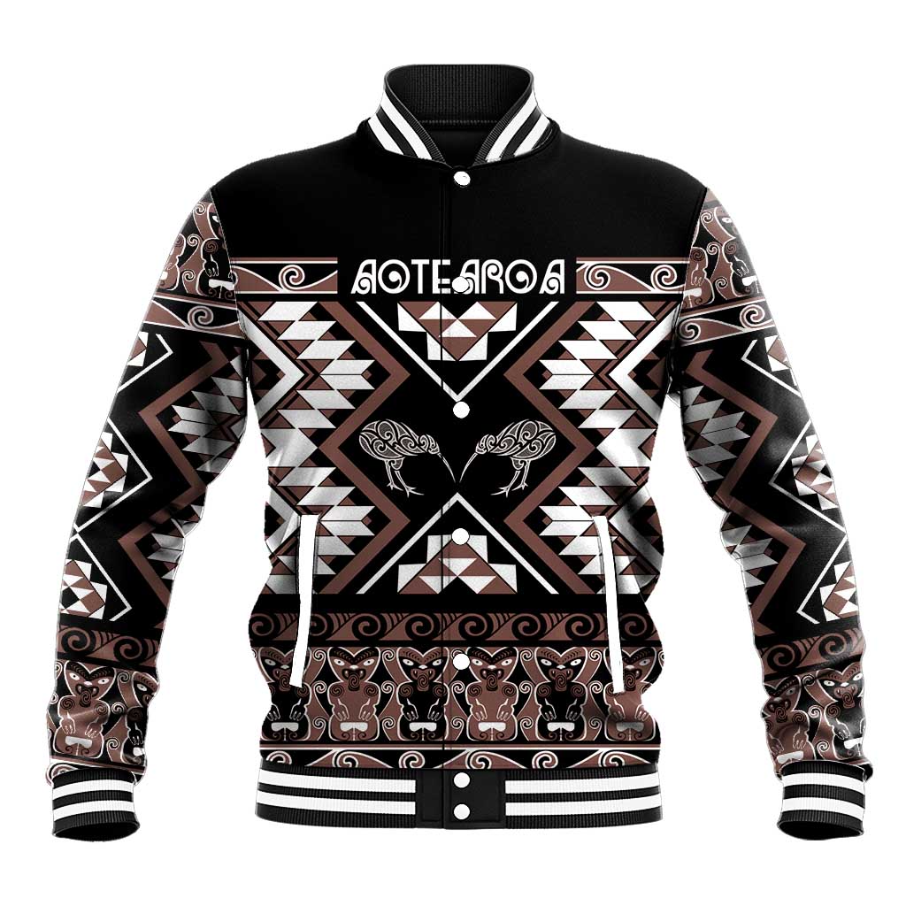 Personalised Taniko Motifs Aotearoa Baseball Jacket Waitangi Kowhaiwhai Kiwi - Mocha