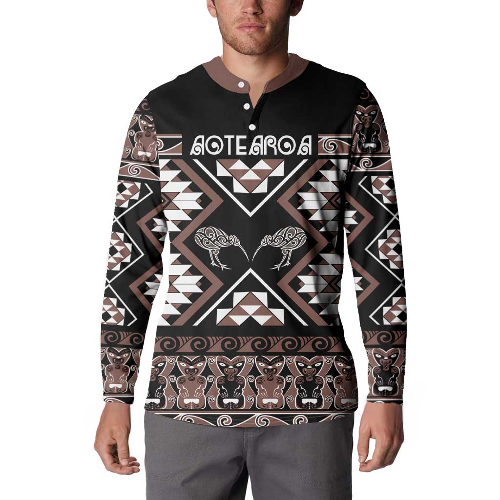 Personalised Taniko Motifs Aotearoa Button Sweatshirt Waitangi Kowhaiwhai Kiwi - Mocha