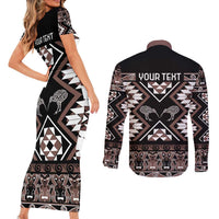 Personalised Taniko Motifs Aotearoa Couples Matching Short Sleeve Bodycon Dress and Long Sleeve Button Shirt Waitangi Kowhaiwhai Kiwi - Mocha