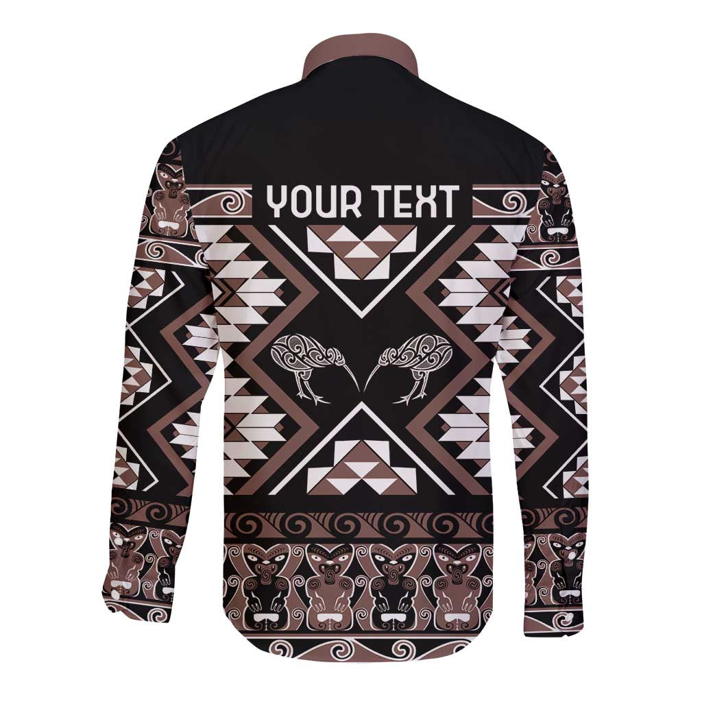 Personalised Taniko Motifs Aotearoa Long Sleeve Button Shirt Waitangi Kowhaiwhai Kiwi - Mocha