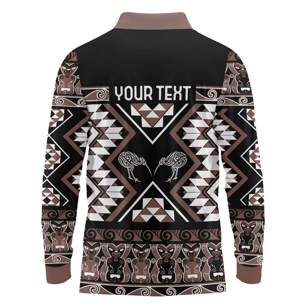 Personalised Taniko Motifs Aotearoa Long Sleeve Polo Shirt Waitangi Kowhaiwhai Kiwi - Mocha