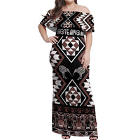 Personalised Taniko Motifs Aotearoa Off Shoulder Maxi Dress Waitangi Kowhaiwhai Kiwi - Mocha