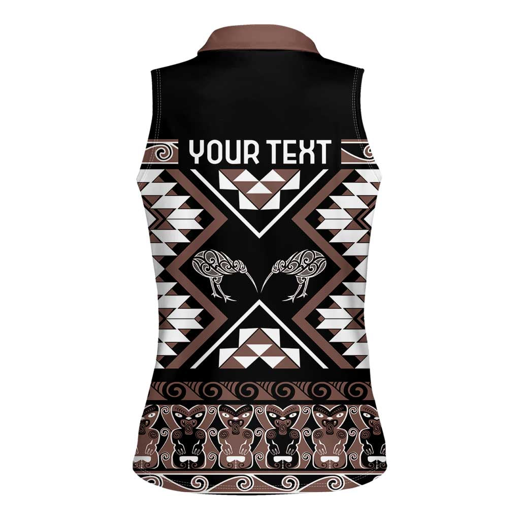 Personalised Taniko Motifs Aotearoa Women Sleeveless Polo Shirt Waitangi Kowhaiwhai Kiwi - Mocha