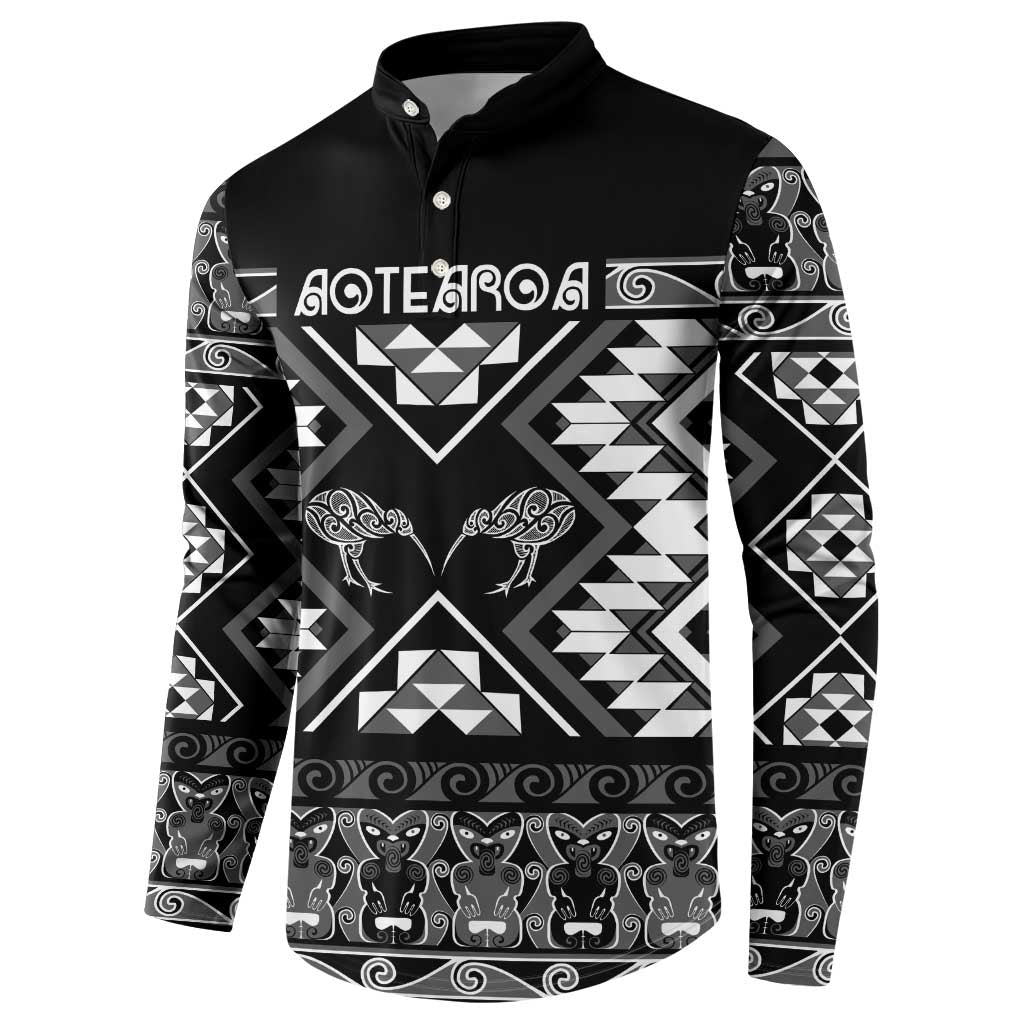 Personalised Taniko Motifs Aotearoa Button Sweatshirt Waitangi Kowhaiwhai Kiwi - Monochrome