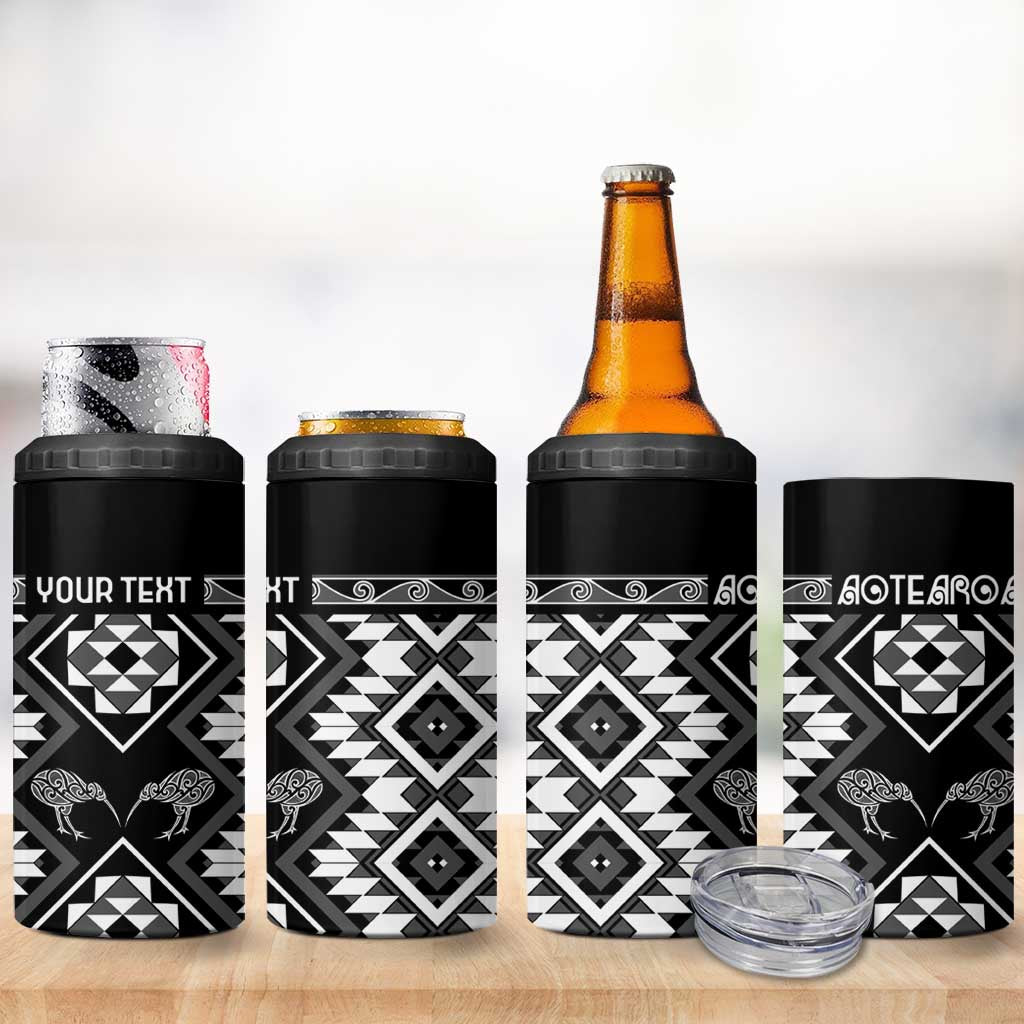 Personalised Taniko Motifs Aotearoa 4 in 1 Can Cooler Tumbler Waitangi Kowhaiwhai Kiwi - Monochrome LT7 - Polynesian Pride