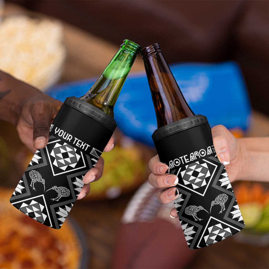 Personalised Taniko Motifs Aotearoa 4 in 1 Can Cooler Tumbler Waitangi Kowhaiwhai Kiwi - Monochrome LT7 - Polynesian Pride