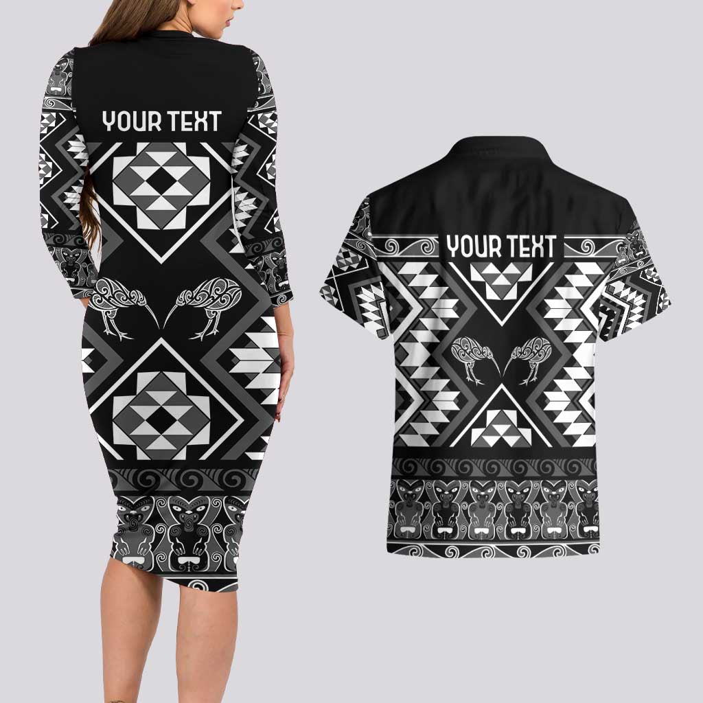 Personalised Taniko Motifs Aotearoa Couples Matching Long Sleeve Bodycon Dress and Hawaiian Shirt Waitangi Kowhaiwhai Kiwi - Monochrome LT7 - Polynesian Pride