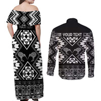 Personalised Taniko Motifs Aotearoa Couples Matching Off Shoulder Maxi Dress and Long Sleeve Button Shirt Waitangi Kowhaiwhai Kiwi - Monochrome