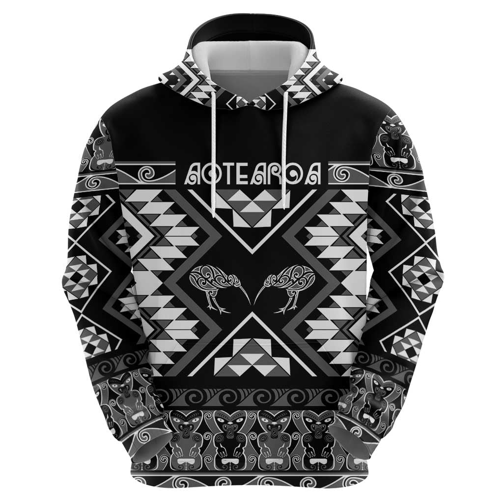 Personalised Taniko Motifs Aotearoa Hoodie Waitangi Kowhaiwhai Kiwi - Monochrome