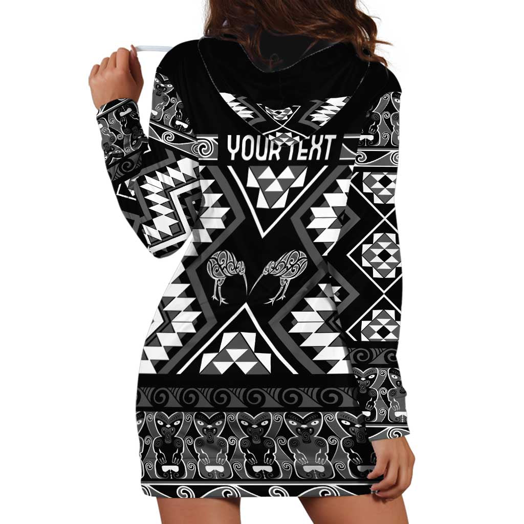 Personalised Taniko Motifs Aotearoa Hoodie Dress Waitangi Kowhaiwhai Kiwi - Monochrome