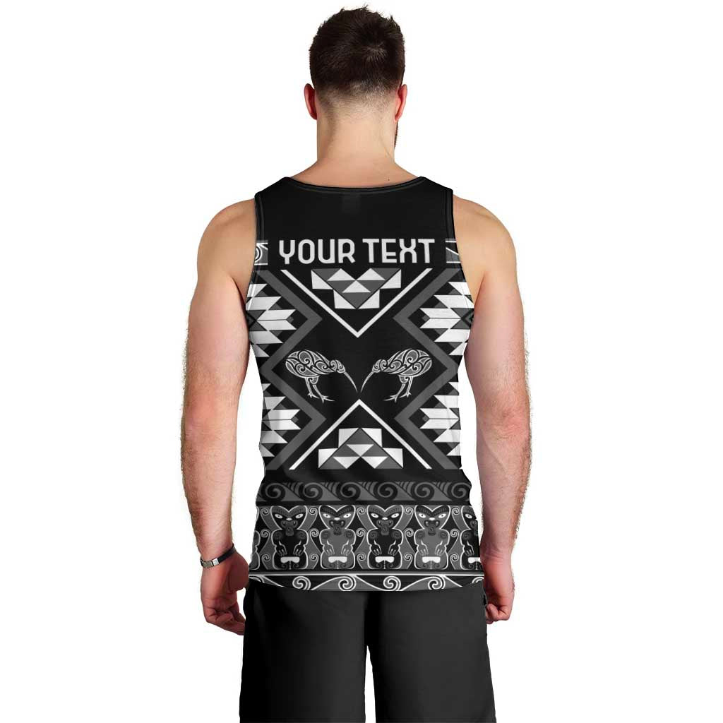 Personalised Taniko Motifs Aotearoa Men Tank Top Waitangi Kowhaiwhai Kiwi - Monochrome
