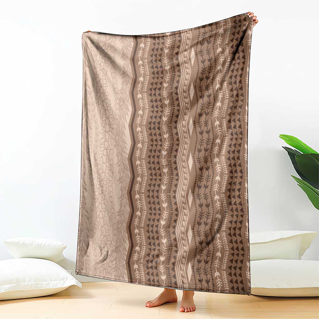 Vintage Beige Hawaiian Traditional Kapa Mix Flowers Lei Blanket