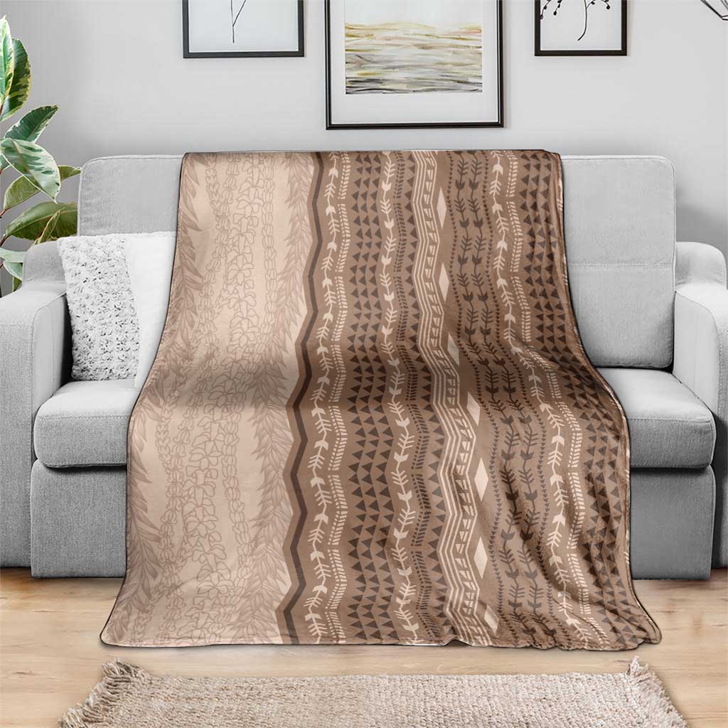 Vintage Beige Hawaiian Traditional Kapa Mix Flowers Lei Blanket
