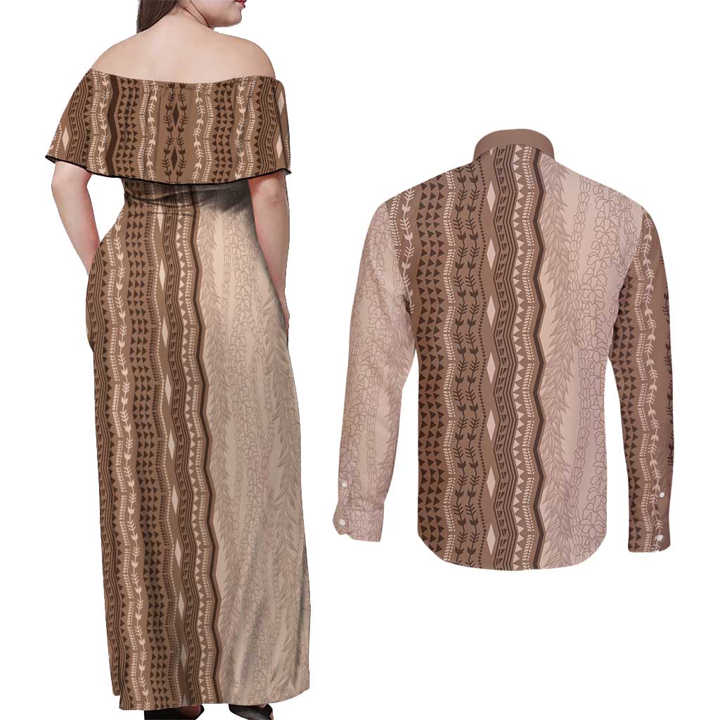 Vintage Beige Hawaiian Traditional Kapa Mix Flowers Lei Couples Matching Off Shoulder Maxi Dress and Long Sleeve Button Shirt