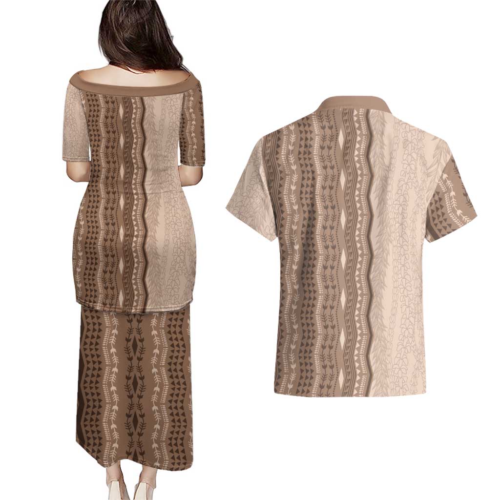 Vintage Beige Hawaiian Traditional Kapa Mix Flowers Lei Couples Matching Puletasi and Hawaiian Shirt