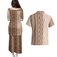 Vintage Beige Hawaiian Traditional Kapa Mix Flowers Lei Couples Matching Puletasi and Hawaiian Shirt