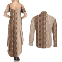 Vintage Beige Hawaiian Traditional Kapa Mix Flowers Lei Couples Matching Summer Maxi Dress and Long Sleeve Button Shirt