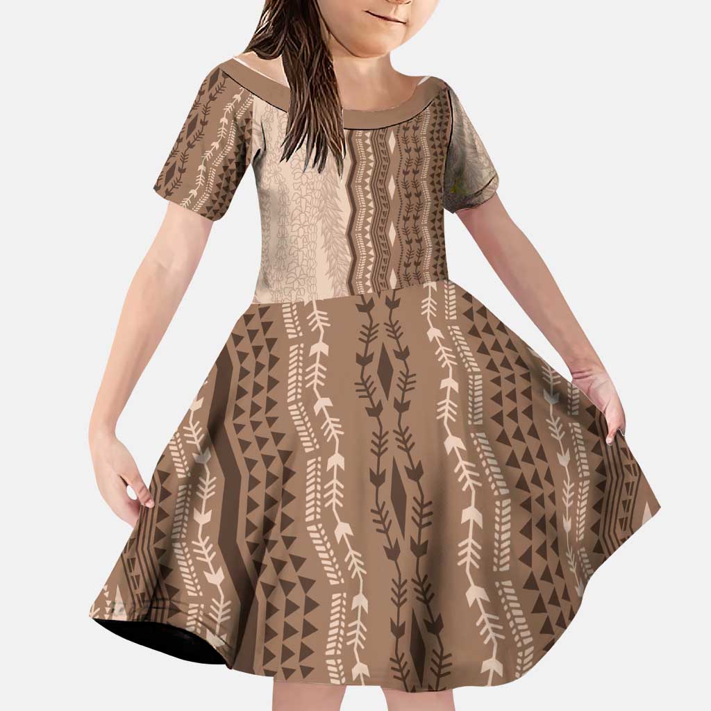 Vintage Beige Hawaiian Traditional Kapa Mix Flowers Lei Family Matching Off Shoulder Short Dress and Hawaiian Shirt