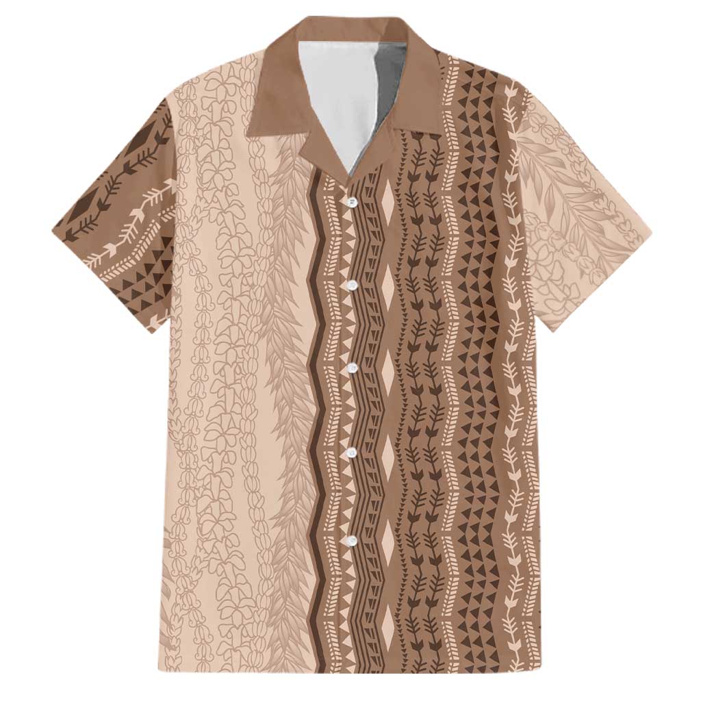 Vintage Beige Hawaiian Traditional Kapa Mix Flowers Lei Family Matching Off Shoulder Short Dress and Hawaiian Shirt