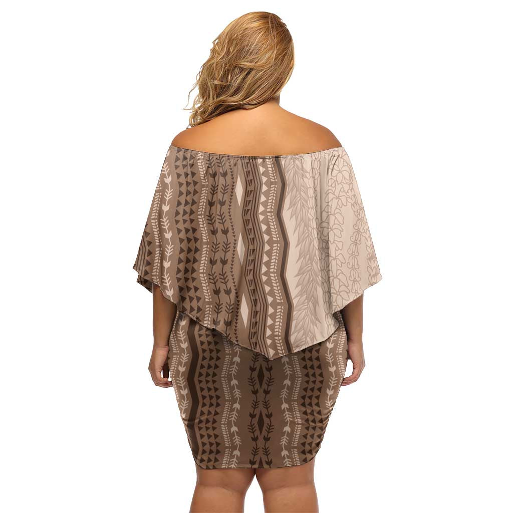 Vintage Beige Hawaiian Traditional Kapa Mix Flowers Lei Family Matching Off Shoulder Short Dress and Hawaiian Shirt