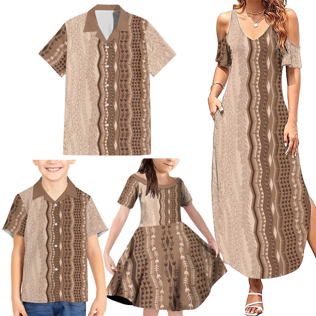 Vintage Beige Hawaiian Traditional Kapa Mix Flowers Lei Family Matching Summer Maxi Dress and Hawaiian Shirt