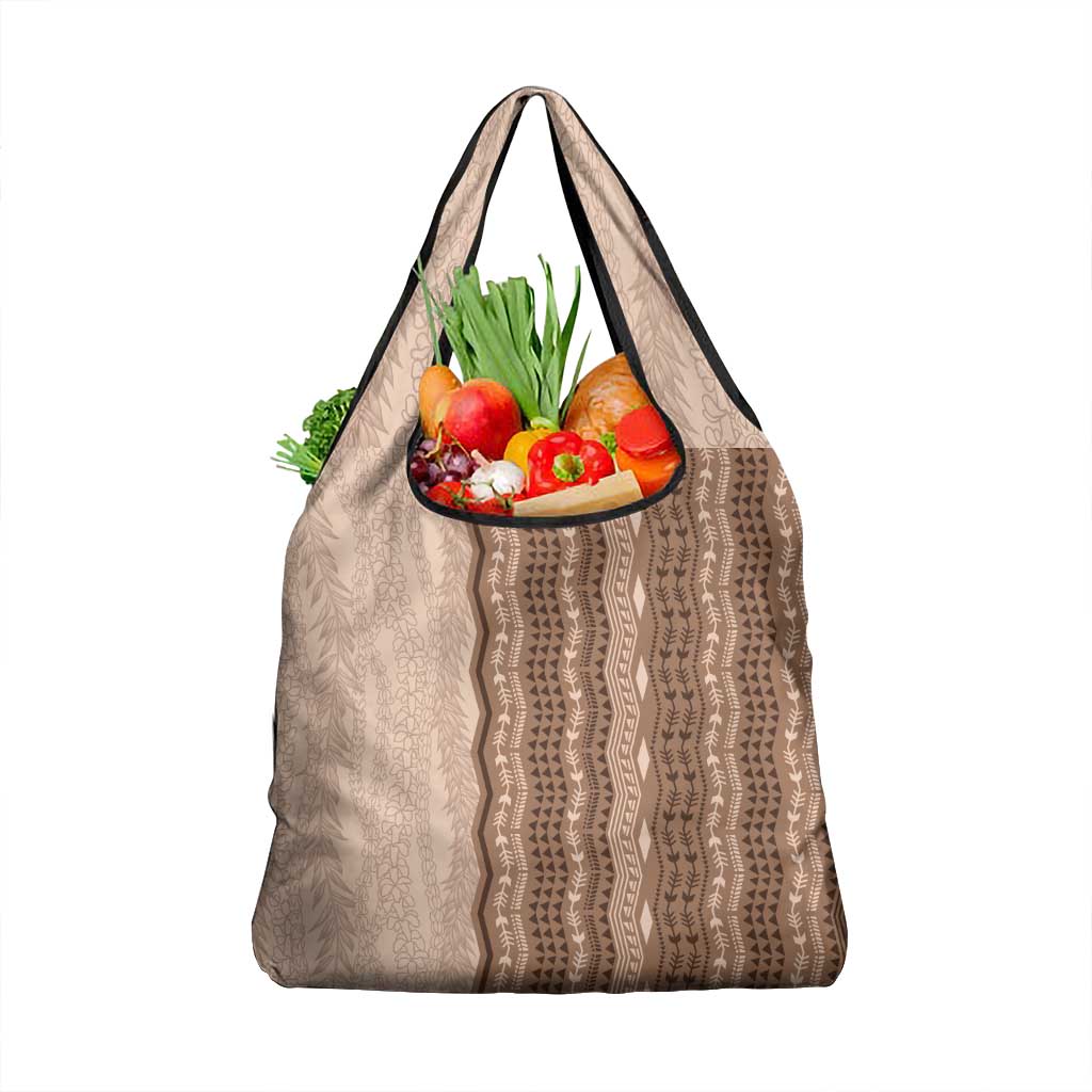 Vintage Beige Hawaiian Traditional Kapa Mix Flowers Lei Grocery Bag