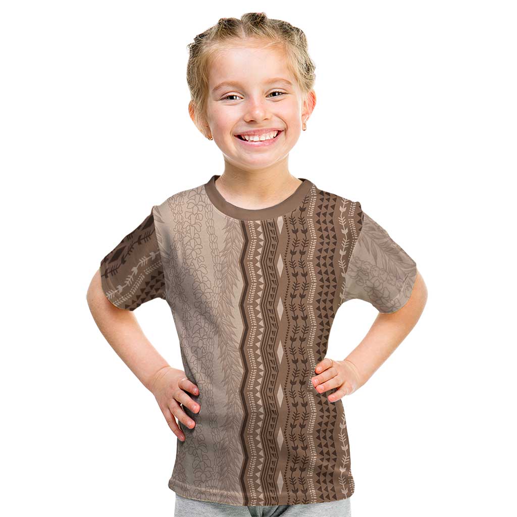 Vintage Beige Hawaiian Traditional Kapa Mix Flowers Lei Kid T Shirt LT7 Beige - Polynesian Pride