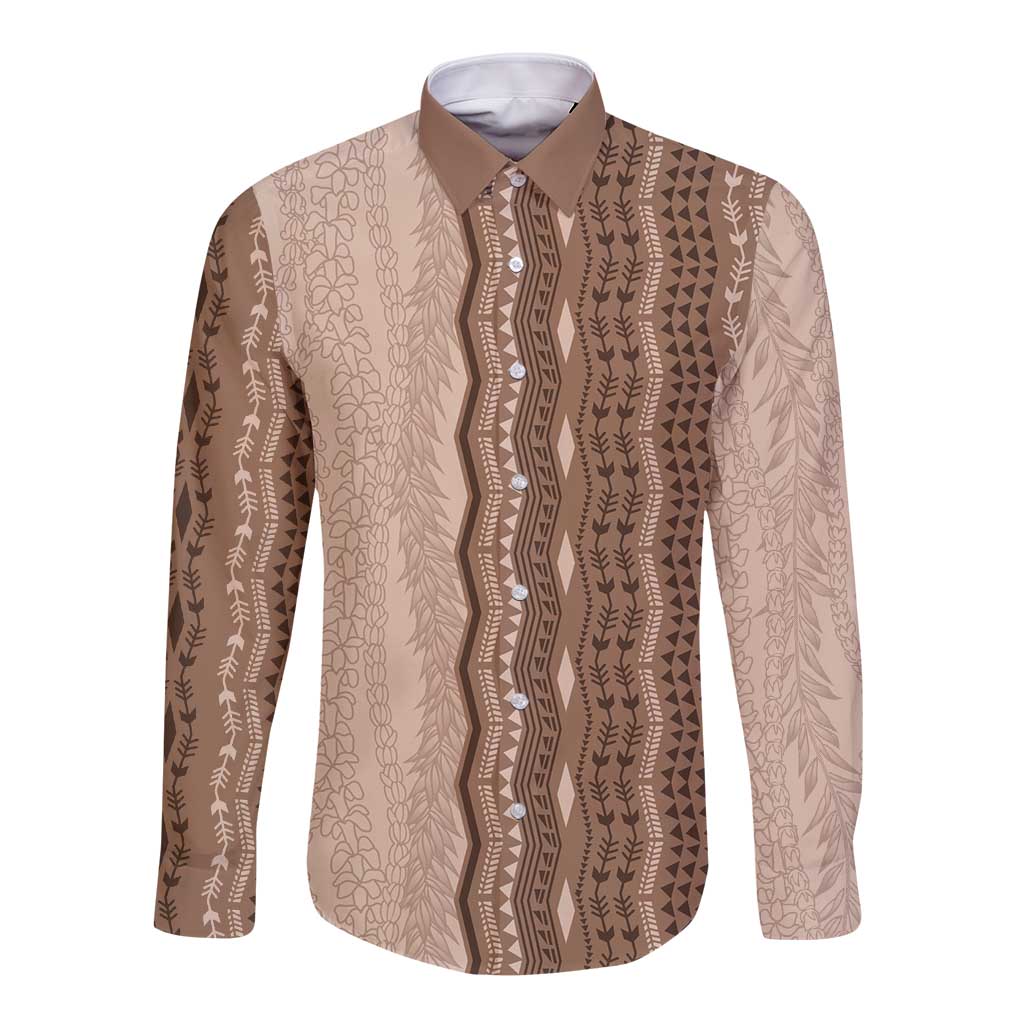 Vintage Beige Hawaiian Traditional Kapa Mix Flowers Lei Long Sleeve Button Shirt