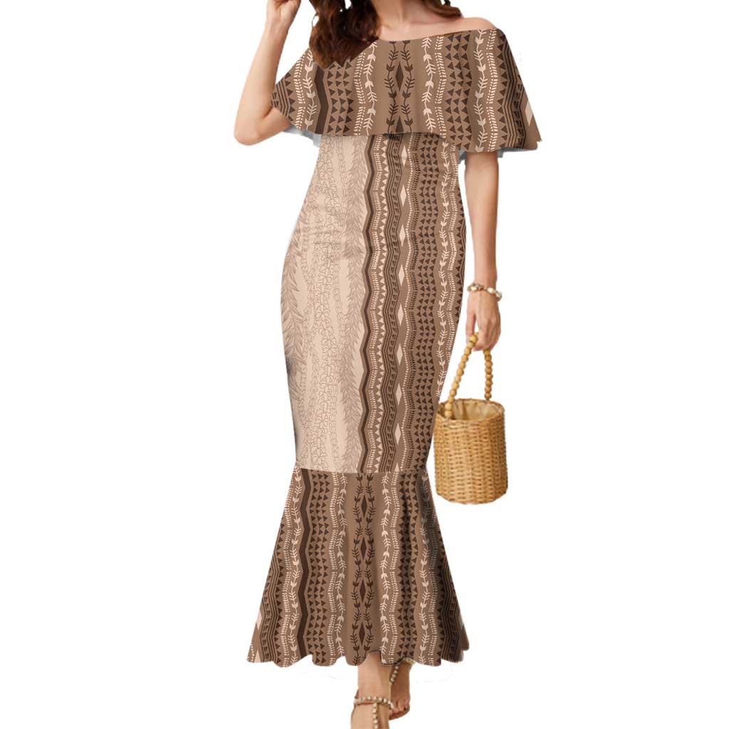 Vintage Beige Hawaiian Traditional Kapa Mix Flowers Lei Mermaid Dress