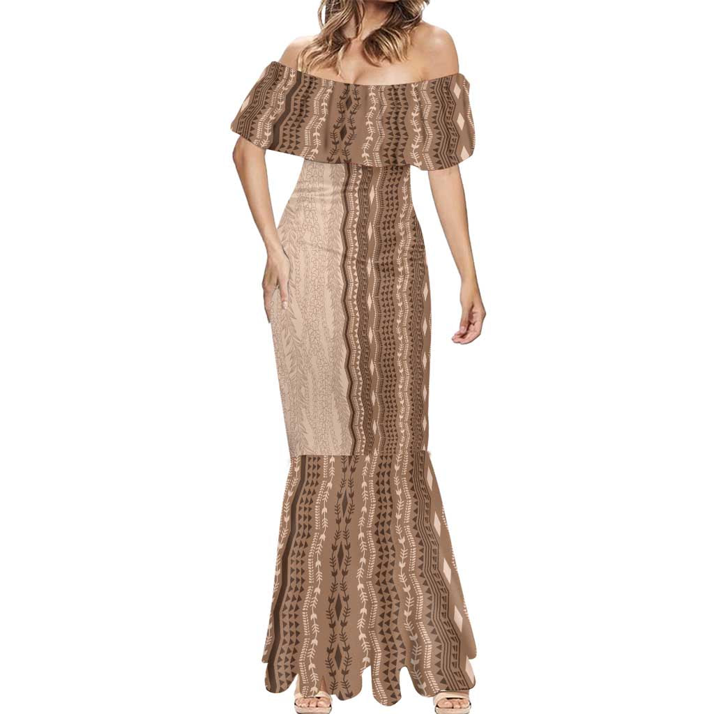 Vintage Beige Hawaiian Traditional Kapa Mix Flowers Lei Mermaid Dress