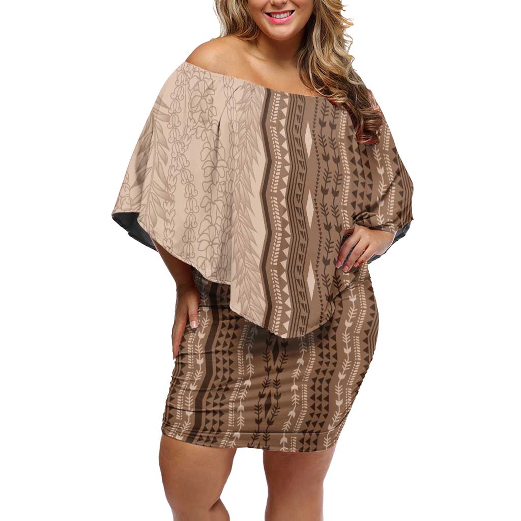 Vintage Beige Hawaiian Traditional Kapa Mix Flowers Lei Off Shoulder Short Dress