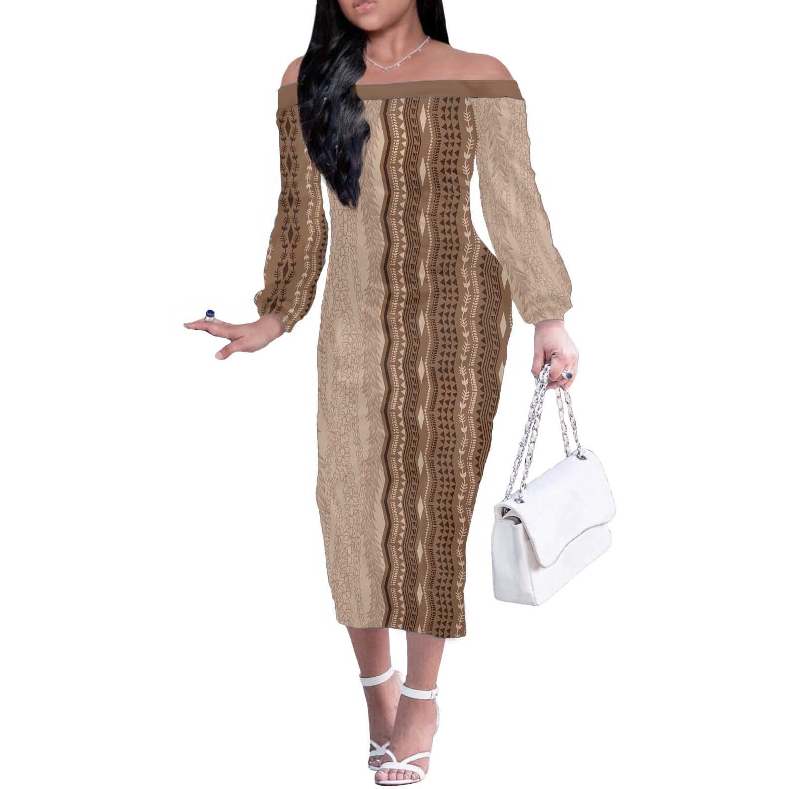 Vintage Beige Hawaiian Traditional Kapa Mix Flowers Lei Off The Shoulder Long Sleeve Dress LT7 Women Beige - Polynesian Pride
