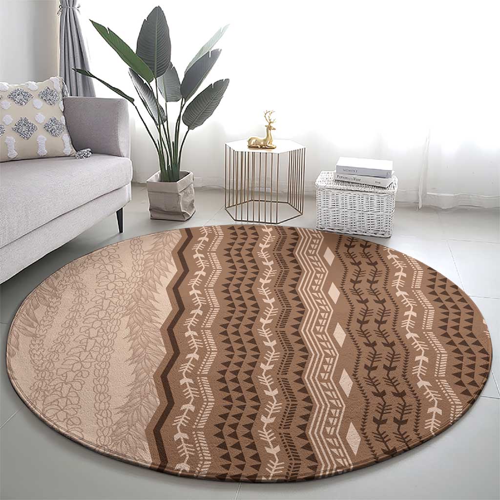Vintage Beige Hawaiian Traditional Kapa Mix Flowers Lei Round Carpet LT7 - Polynesian Pride